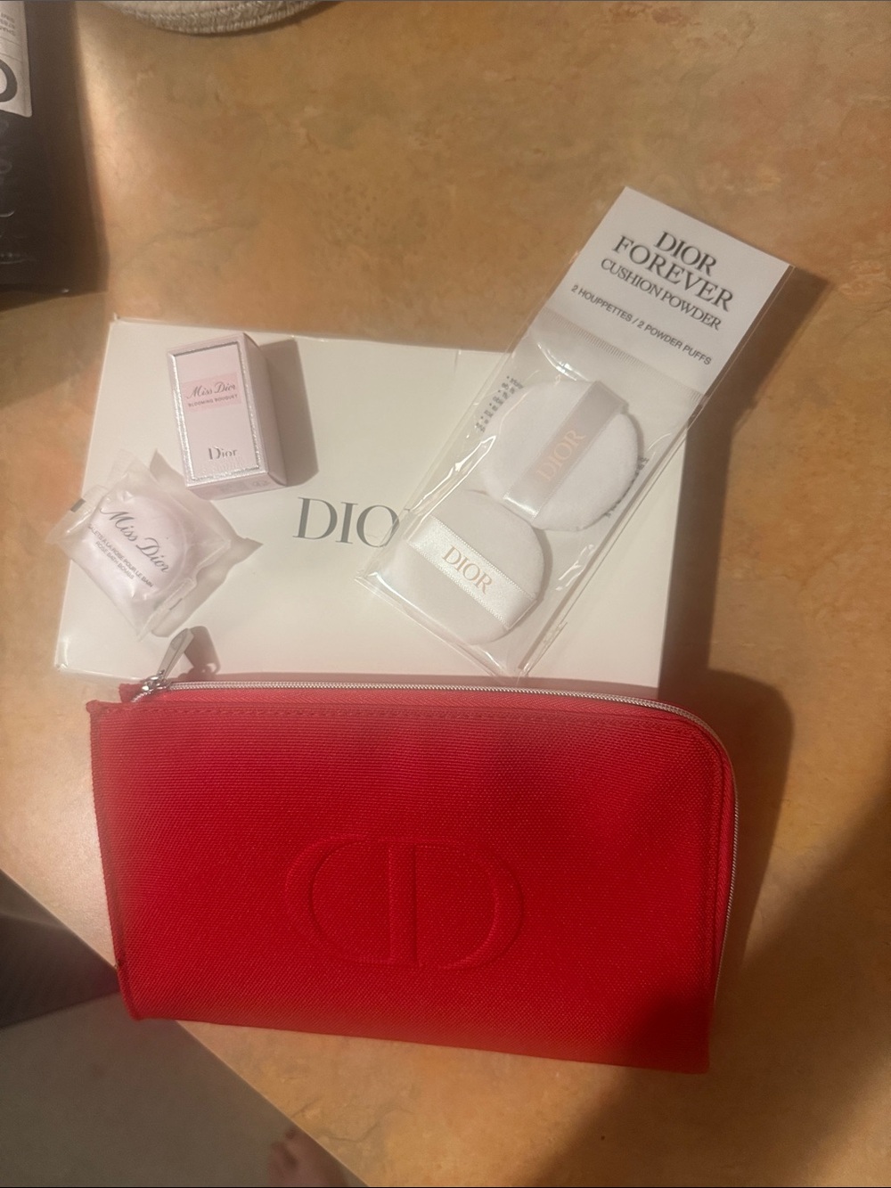 Dior Red Cosmetic Pouch with Dior Powder Puffs, Blooming Bouquet & Bath Bomb